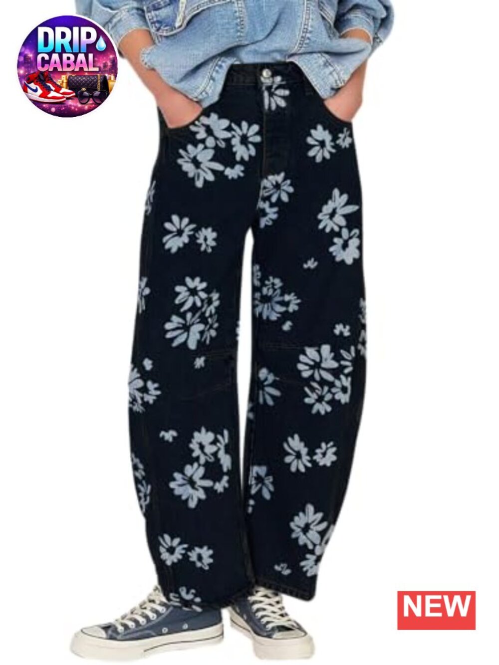 Retro Floral Print Barrel Jeans Mid Rise Baggy Wide Leg Denim Pants